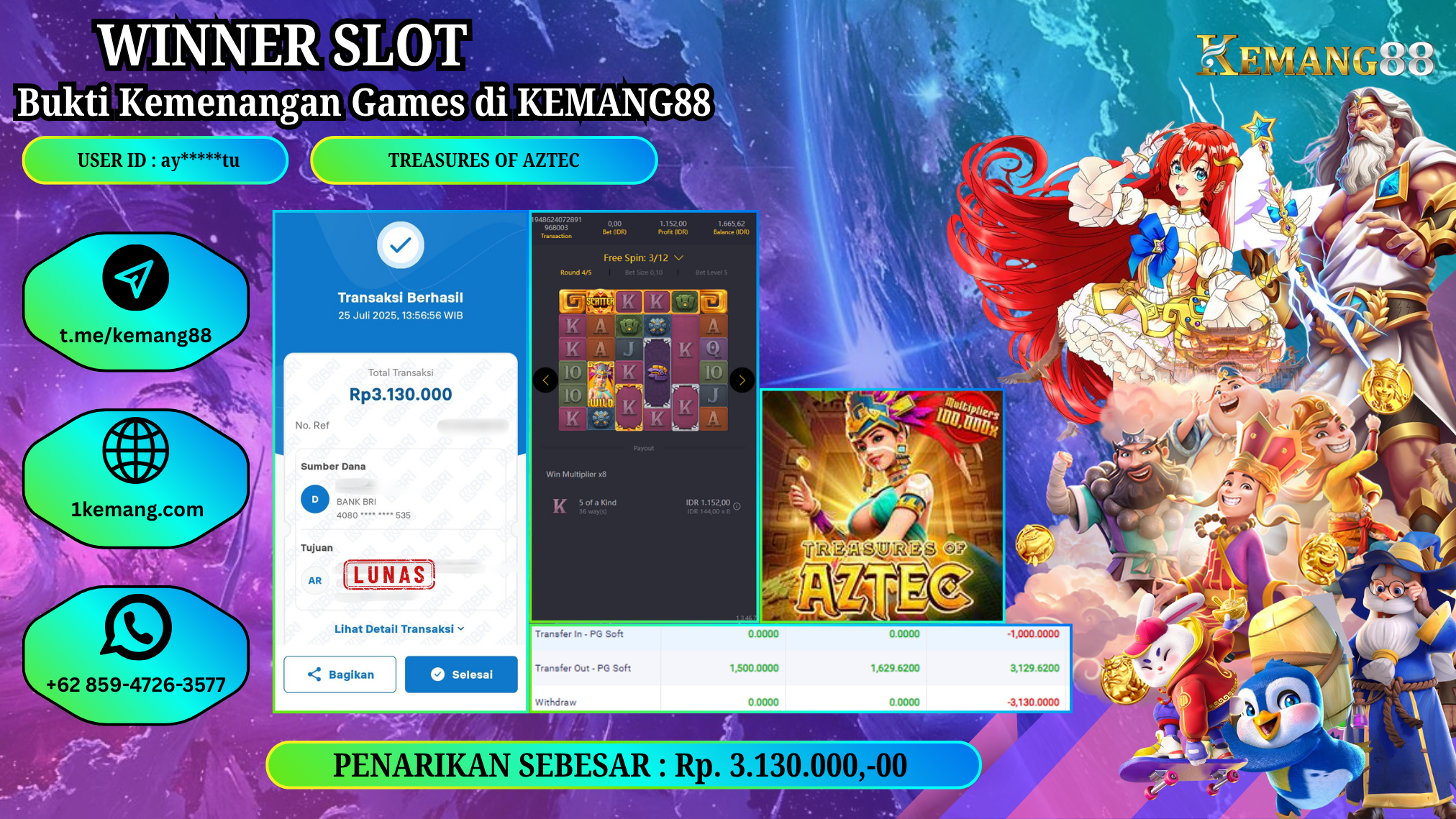 KEMANG88 [25 JULY 2025] : JACKPOT SLOT :  TREASURES OF AZTEC [PG]  Rp.3.130.000.,- LUNAS